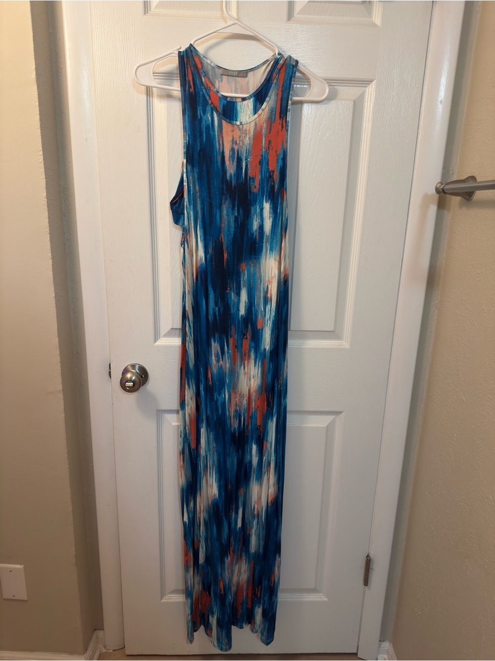 Tart Blue Abstract Print Sleeveless Maxi Dress with Coral Accents